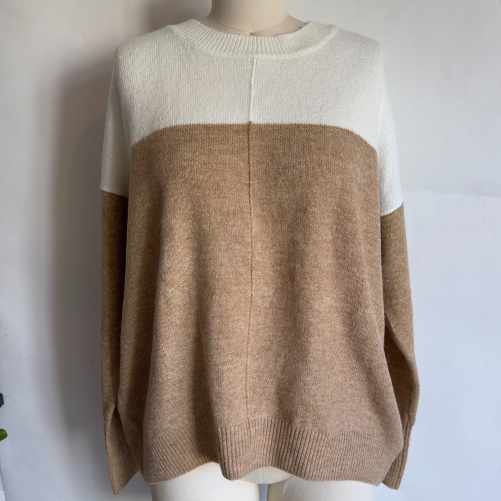 Vince Camuto Color Blocked Sweater-Antique White/Tan Soft Pullover-Womens Sze XS